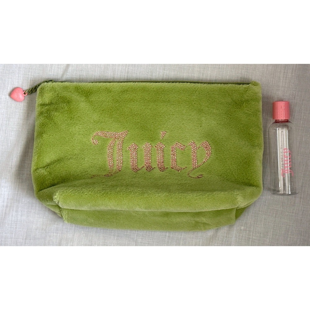Juicy Couture Lime Green Faux‎ Fur Makeup Bag Rhinestone Logo Heart Charm Bottle